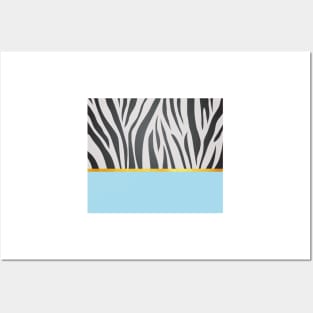 Black and white zebra print on blue, golden lining Posters and Art